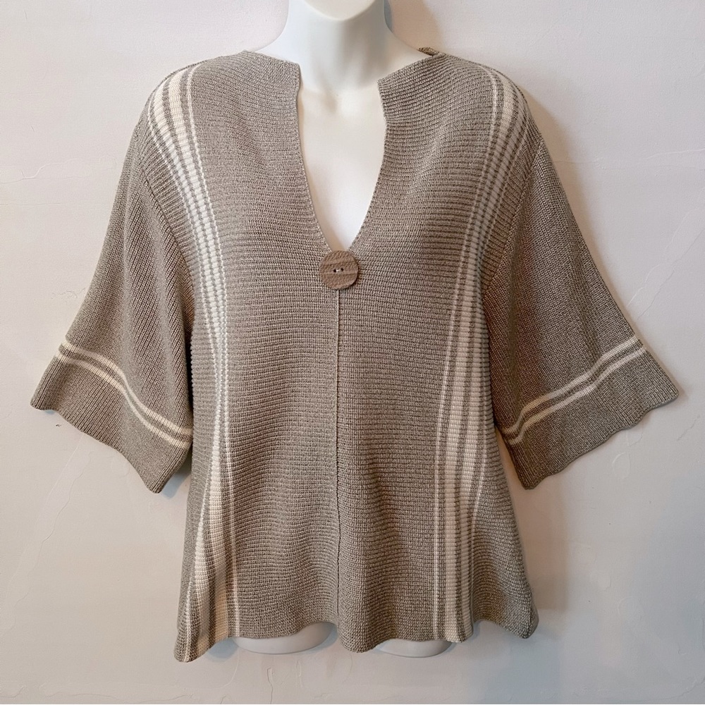 Orvis vneck tunic one button tan and cream stripe size Medium